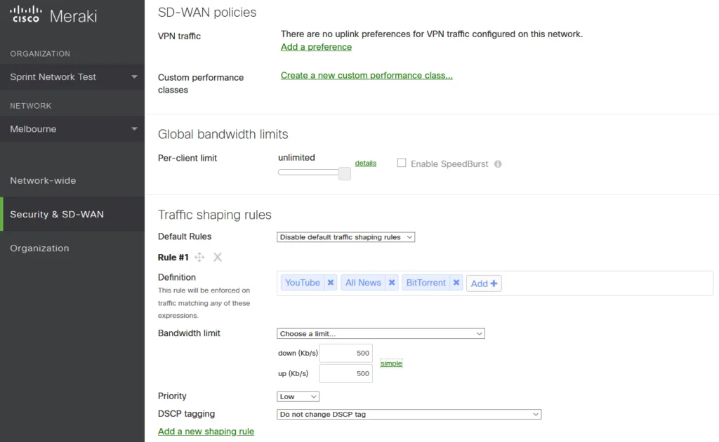 Meraki Shaping rule