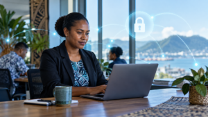 Employee using Zero Trust Network Access to securely access business systems in Papua New Guinea