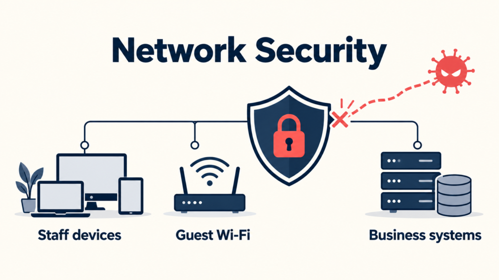 Network security protecting staff devices, guest Wi-Fi and business systems.