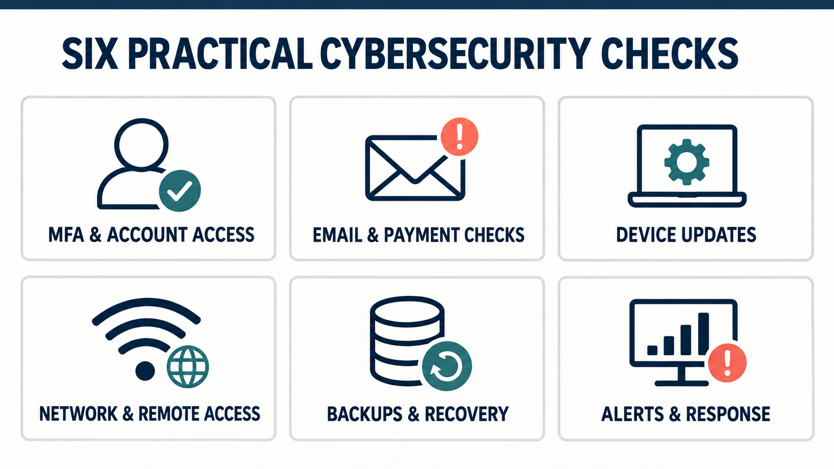 Six practical cybersecurity checks: MFA and account access, email and payment checks, device updates, network and remote access, backups and recovery, alerts and response