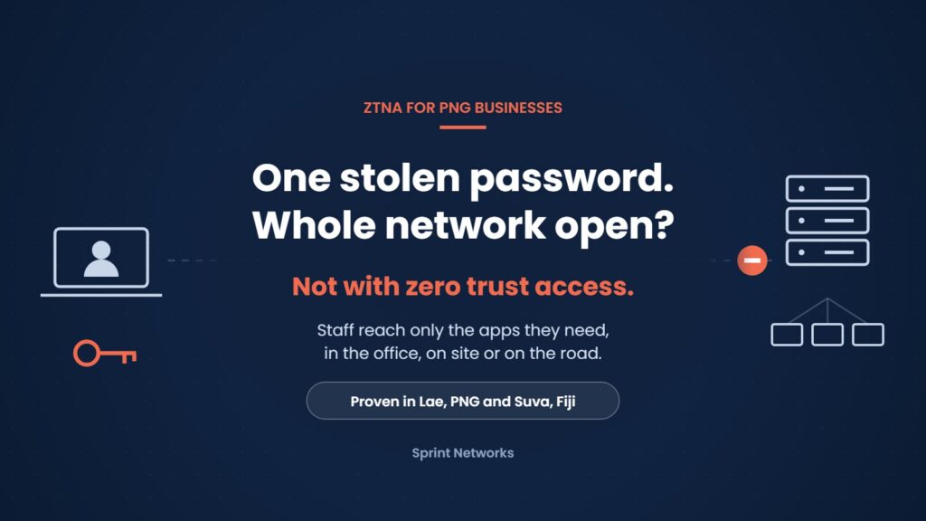 ZTNA for PNG businesses: one stolen password should not open the whole network. Zero trust access gives staff only the apps they need, proven in Lae, PNG and Suva, Fiji